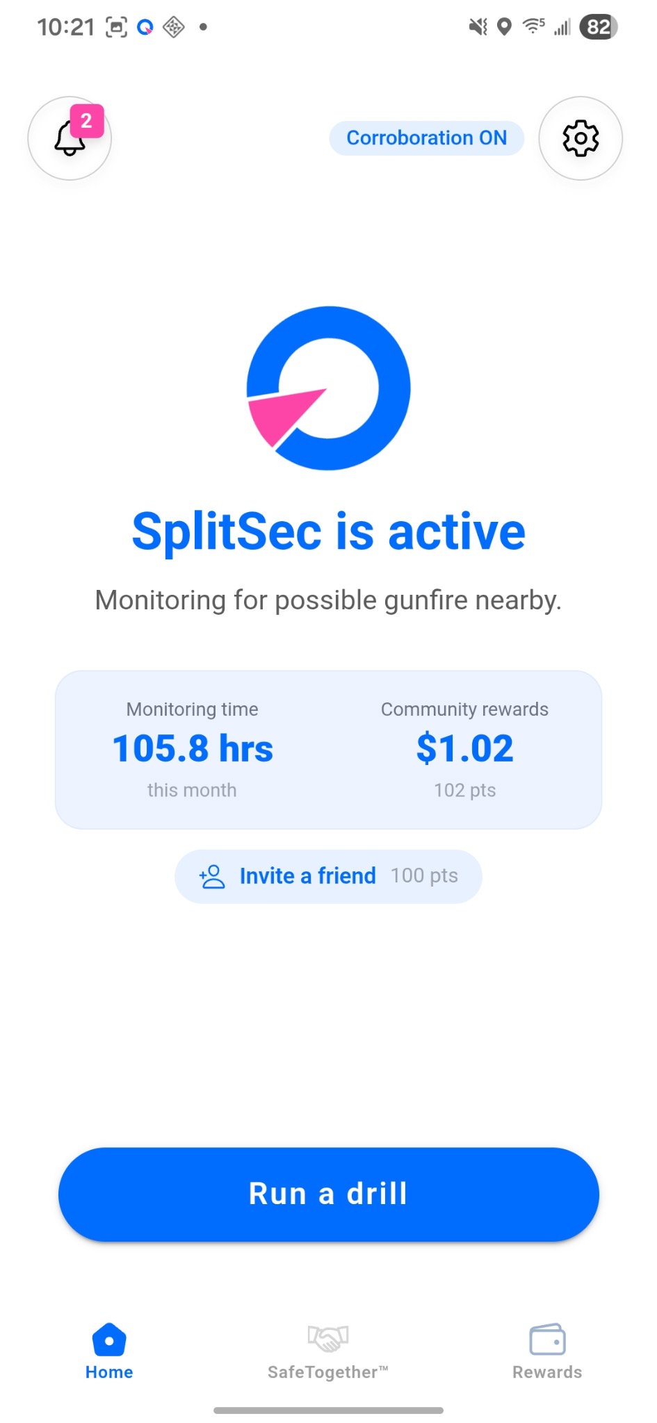 SplitSec home screen showing active monitoring and community rewards